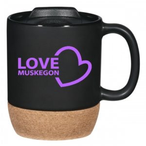 60819 | 14 Ounce Black Matte Mug with Natural Corky Bottom and PP Slide Closure Lid